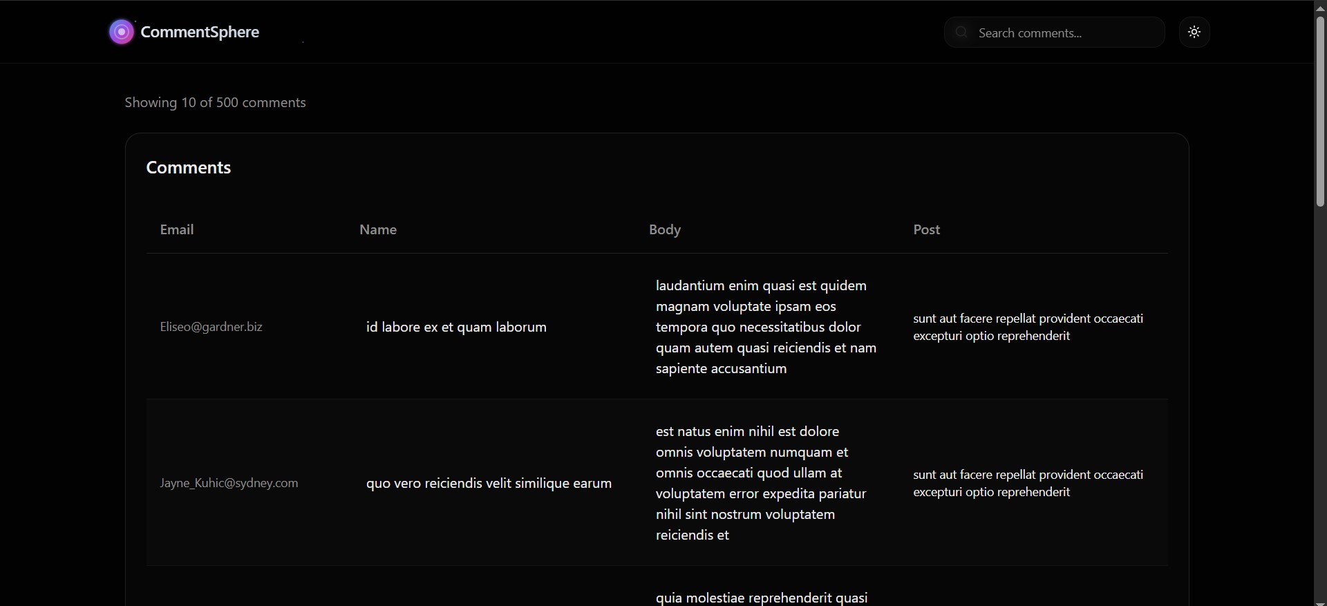 Comments Table screenshot